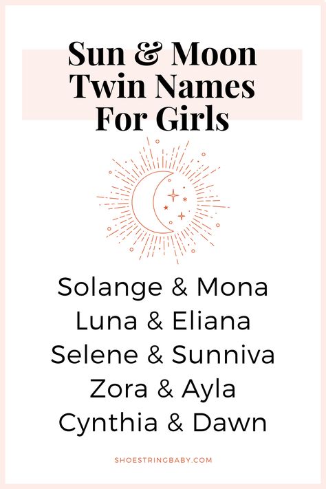 Searching for sun and moon names? This list of Sun and Moon twin names for girls offers a unique and celestial spin on naming twins. From classic to unique, find the perfect pair of girl twin names that symbolizes the special bond between your baby girls. #TwinNames #BabyNames #BoysNames #SunMoonNames #CelestialNames #NamePairings Sun Names Girl, Fantasy Twin Names, Celestial Last Names, Moon Names Aesthetic, Celestial Girl Names, Twin Names For Girls, Names Meaning Sun, Names For Twins, Celestial Names