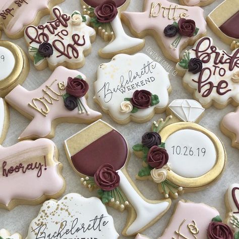 Winery Bachelorette Party Ideas, Bachelorette Desserts, Bachelorette Party Cookies, Bridal Shower Wine Theme, Wedding Cookies Decorated, Bridal Shower Desserts Table, Wedding Shower Cookies, Bachelorette Cookies, Bachelorette Cake