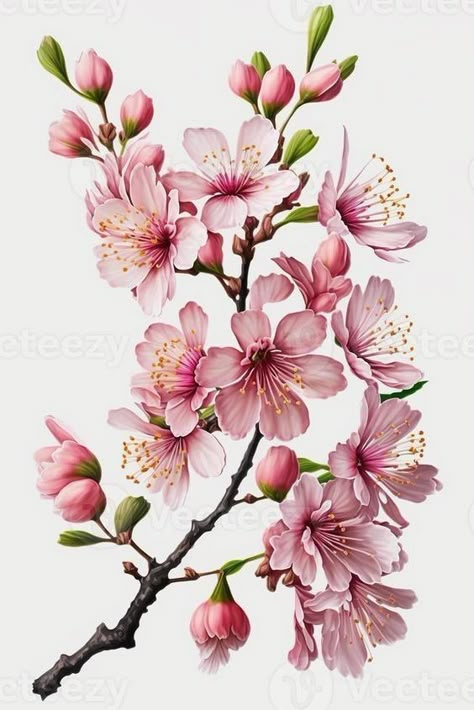 Cherry Blossom Botanical Illustration, Cherry Flower Drawing, Cherry Blossom Branch Painting, Sakura Flower Drawing, Sakura Illustration, Flower On White Background, Sakura Painting, Cherry Blossom Drawing, Flower Sakura