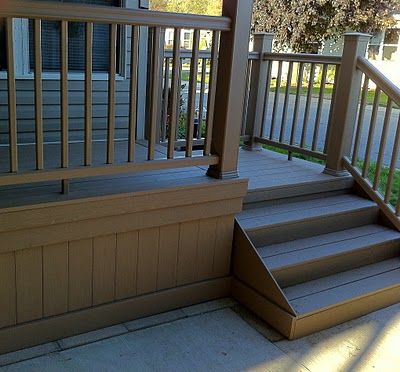 Deck Skirt Deck Fascia, Deck Skirting Ideas, Cottage Deck, Skirting Ideas, House Skirting, Exterior Landscaping, Front Porch Deck, Deck Skirting, Deck Stairs