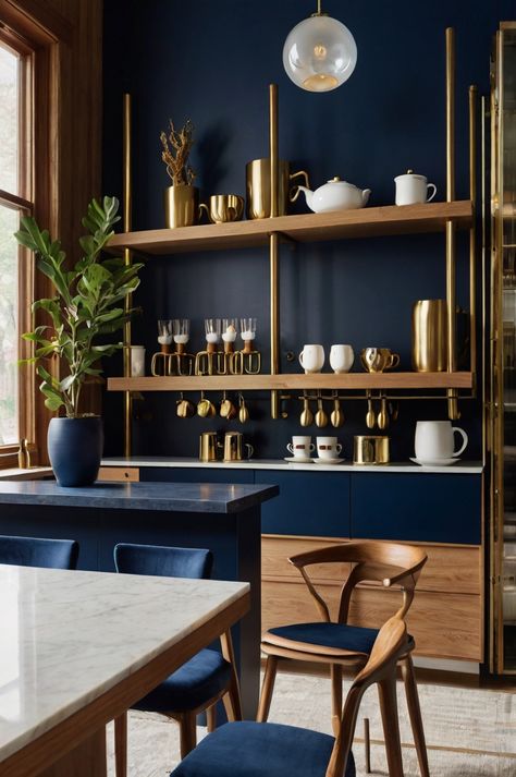 Go bold with a deep navy coffee bar. Pair it with brass details and light wood for a striking, modern look. #NavyDecor #BoldSpaces #CoffeeStationIdeas Man Cave Coffee Bar, Coffee Bar Minimalist, Blue Coffee Bar, Green Coffee Bar, Pink Coffee Bar, White Coffee Bar, Coffee Bar Decor Ideas, Coffee And Tea Station, Bar Decor Ideas