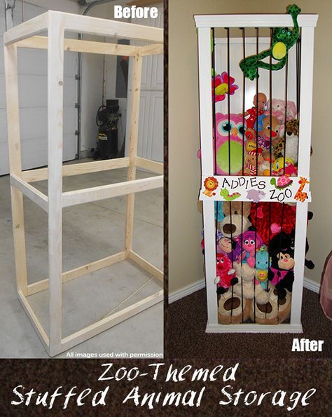 Zoo themed stuffed animal storage DIY idea! A good, fun and cute way to organize the stuffed animals! Stuffed Animal Storage Diy, Diy Stuffed Animal, Uppfostra Barn, Toy Storage Solutions, Stuffed Animal Storage, Organization Kids, Toy Rooms, Storage Diy, Toy Organization