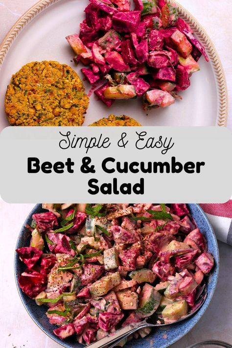 Delicious beet and cucumber salad with fresh mint, red onion, and creamy tahini dressing with Middle Eastern za’atar seasoning. Prepare this simple and easy side salad in 20 minutes using cooked beets. It’s made with simple, healthy vegan ingredients, no added oil, and is gluten-free. Instructions for cooking raw beets on the stovetop or Instant Pot or for using them raw in your salad are included. Beet And Cucumber Salad, Mint Recipes Fresh, Easy Side Salad, Cooked Beets, Vegan Chicken Salad, Shawarma Spices, Best Vegan Cheese, Beet Salad Recipes, Oil Free Vegan Recipes