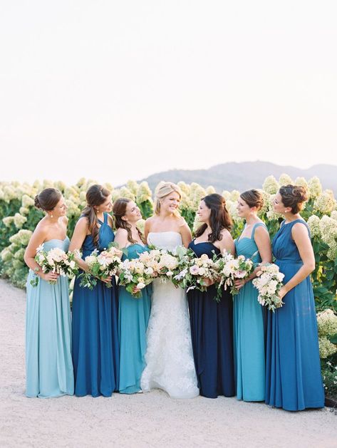 Bridesmaids in Shades of Blue // ombre, wedding party, summer, outdoor, wedding Pippin Hill Wedding, Spring Wedding Color Palette, French Country Wedding, Ombre Wedding, Spring Wedding Colors, Summer Wedding Outdoor, Summer Wedding Dress, Blue Bridesmaids, Wedding Themes