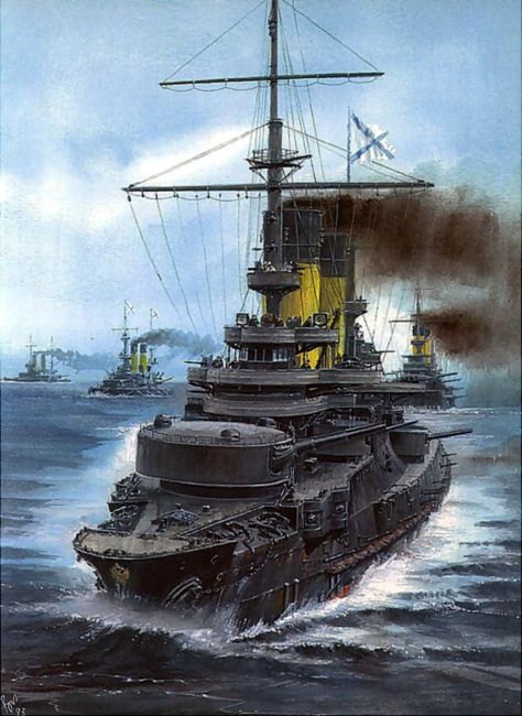 Russian battleship Borodino at the Battle Of Tsushima Soviet Battleship, World Of Warships Wallpaper, Imperial Japan, Navy Art, Sea Battle, Naval History, Navy Ships, Tall Ships, Military Art