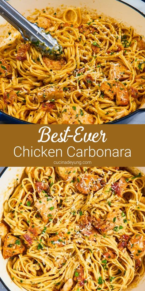 Best-Ever Chicken Carbonara Recipe – CucinaDeYung Romantic Pasta Recipes, Delicious Summer Meals, Foods To Make When Bored, Short Pasta Recipes, Pasta For A Crowd Family Gatherings, Linguine Recipes Chicken, Recipes For A Big Family, Top Recipes On Pinterest Most Popular, Dinner Ideas With Noodles