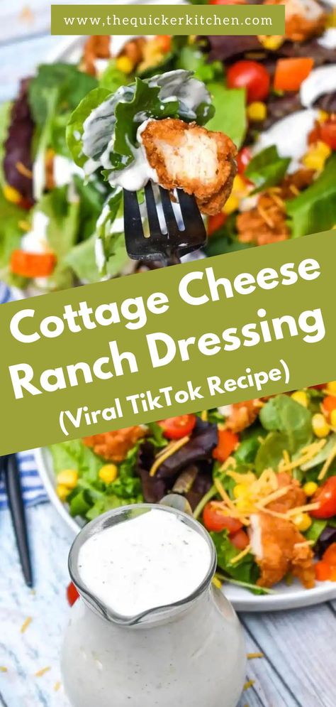 Cottage cheese ranch dressing is the latest viral TikTok recipe and creates a thick, creamy, protein packed dressing. It’s a delicious and healthy alternative to dip or bottled dressing. Save this perfect busy weeknight recipe at thequickerkitchen.com. Cottage Cheese Ranch Dressing Recipe, Ranch With Cottage Cheese, Goat Cheese Ranch Dressing, Ranch Dressing Made With Cottage Cheese, Blended Cottage Cheese Dip Recipes, Cottage Cheese Caesar Dressing, Cottage Cheese Dressing Recipe, Cottage Cheese Salad Dressing, Cottage Cheese Dressing