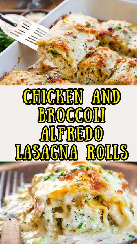 Chicken and Broccoli Alfredo Lasagna Rolls Lasagna Dinner Party Menu Ideas, Alfredo Lasagna Rolls, Chicken And Broccoli Alfredo, Cheesy Chicken And Broccoli, Garlic Alfredo Sauce, Chicken Lasagna Rolls, Chicken Alfredo Lasagna, Alfredo Sauce Recipe Homemade, Alfredo Lasagna