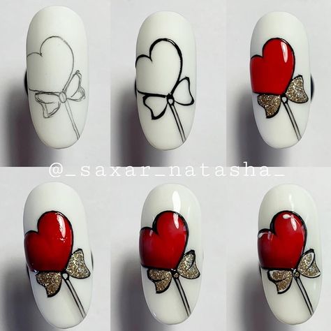 on Instagram: “@_saxar_natasha_ Valentines Nail Art Step By Step, Nails St Valentin, Nail Drawing Ideas, St Valentine Nails, Nails San Valentin, San Valentine Nails Ideas, Nailart Tutorial, Heart Nail Designs, Valentine Nail Art