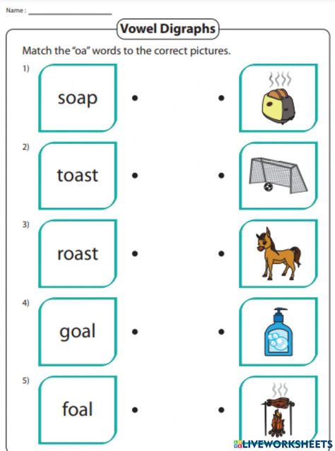 Jolly Phonics Level 2 Worksheets, Oa Sound Words With Pictures, Oa Digraph Worksheets, Oa Phonics Worksheet, Oa Sound Worksheets, Oa Words Worksheet, Og Phonics, Ukg Worksheet, Oa Words