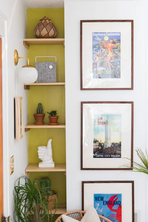 Jessica Brigham, Glam Entryway, Kids Gallery Wall, Custom Dining Room, Diy Bookshelf, Marble Top Side Table, Hanging Terrarium, Palm Leaf Wallpaper, Small Bookshelf