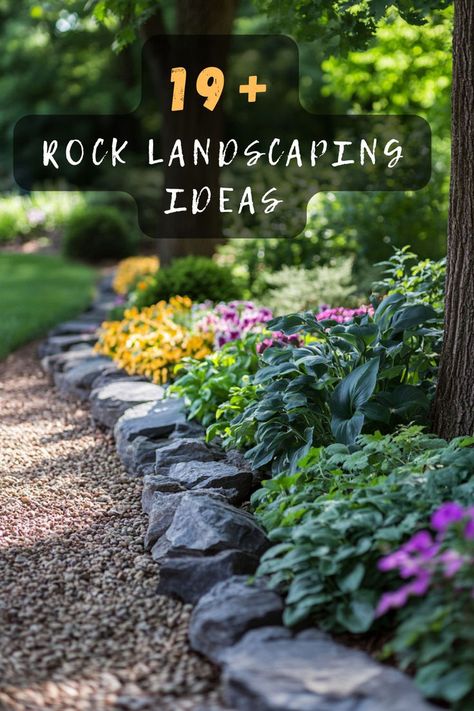 Dreaming of a captivating rock garden? Click for creative ideas to start your own rock masterpiece. 🌿🪨🌼 #RockGarden #GardenInspiration #DIYLandscaping #CreativeGardening #RockFeatures Landscape With Rocks Front Yard, River Rock Flower Bed Border, Landscaping With River Rocks Flower Beds, Using Rocks In Landscaping, Natural Area Landscaping, Using River Rock As A Border, Rocks In Landscaping, Replace Flower Bed With Rocks, Raised Garden Beds Stone Rock Border