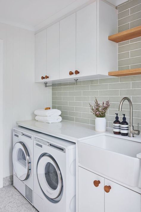 Small Beach House Laundry Room, Subway Tiles Laundry Backsplash Ideas, Laundry Splashback Tiles Green, Coastal Hamptons Style Bathroom, Green Tile Laundry, Small Laundry Room Inspiration, Sage Laundry Room, Laundry Floor Tiles, Galley Laundry Room Ideas