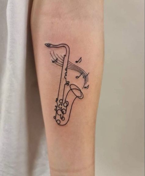 Small Saxophone Tattoo, Saxophone Tattoo For Women, Jazz Tattoo Ideas, Sax Tattoo, Clarinet Tattoo, Jazz Tattoo, Music Tats, Saxophone Tattoo, Small Music Tattoos