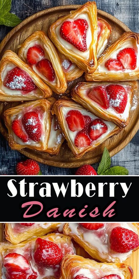 🌸 Sweet and Flaky Strawberry Danish – Impress your guests with these easy-to-make danishes! Simple ingredients, delicious results. #HomemadeTreats #EasyBaking #StrawberryRecipes Danish Dinner Recipes, Fun Pastries To Make, Healthy Pastries Recipes, Easy Desserts Strawberry, Danish Meals, Fruit Danish Recipe, Savory Danish, Strawberry Danish Recipe, Homemade Danish Pastry