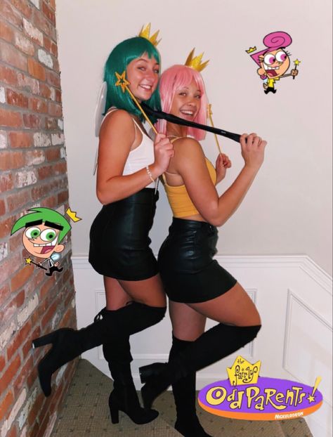 Cosmo: Green wig-amazon White tank-forever 21 Leather skirt-forever 21 Wanda: Pink wig-amazon Yellow tank-forever 21 Leather skirt-forever 21 Crowns,wands, and wings- amazon #wanda #cosmo #fairlyodd #fairy Halloween Cosmo And Wanda, Casmo And Wanda Halloween Costumes, Green Wig Halloween Costume, Fairy Oddparents Costume, Green Wig Costume Ideas, Cosmo Wanda And Timmy Costume, Cosmo E Wanda Costume, Pink Wig Halloween Costume Ideas, Pink Wig Halloween Costume