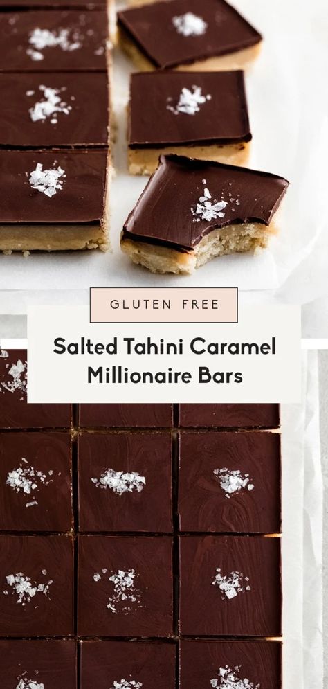 Easy to make salted caramel millionaire bars with a shortbread cookie base, salted tahini caramel filling and topped with dairy free chocolate. Both vegan, gluten free and paleo! This recipe is in partnership with Enjoy Life. #vegandessert #paleodessert #tahini #glutenfreerecipe #glutenfree #glutenfreedessert #dessertrecipe Tahini Caramel, Millionaire Bars, Salted Caramels, Caramel Filling, Cookie Base, Paleo Sweets, Shortbread Cookie, Paleo Chocolate, Paleo Vegan