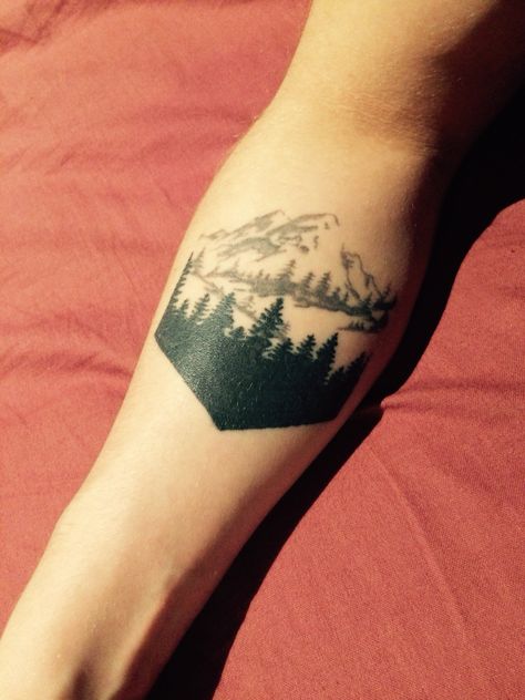 My forearm black and grey mountain tattoo. Mountain Tattoo Forearm, Mountains Tattoo, Tattoo Forearm, 2023 Hair, Nevada Mountains, Sierra Nevada Mountains, Mountain Tattoo, Face Tattoo, Mountain Scene