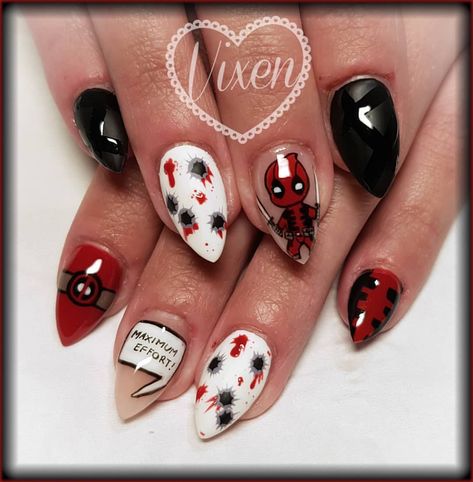 A set inspired by my favourite marvel movie.. Deadpool!! #vixennailsbyvicky #deadpool #deadpool2 #marvel #marvelnails #deadpoolnails… Deadpool Nails, Wolverine Nails, Spider Man And Deadpool, Movie Nails, Superhero Nails, Marvel Nails, Pool Nails, 2019 Nails, Nail Glam