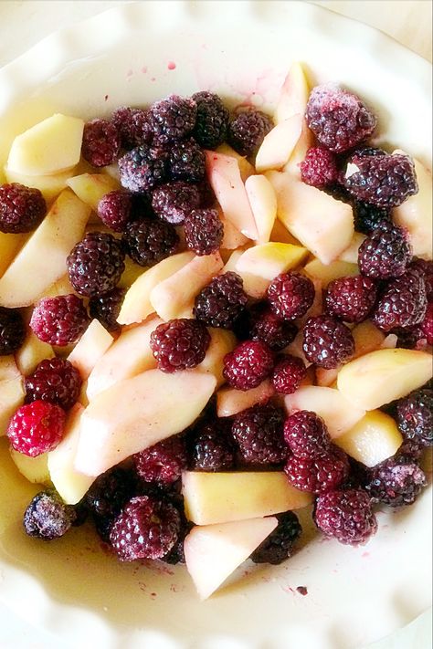 Fresh sliced pears and frozen blackberries form the fruit base of a crumble in a fluted pie dish. Apple And Almond Cake, Chocolate Crumble, Pear Crumble, Fruit Pudding, Fruit Crumble, Gluten Free Recipe, Savoury Baking, Crumble Topping, Months Of The Year