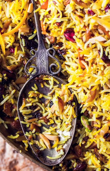 Jeweled Rice recipe: This is as delicious as it is gorgeous. Jeweled Rice, Saffron Threads, Ground Turmeric, Persian Food, Middle Eastern Recipes, Rice Recipe, Almond Recipes, Dried Cranberries, Rice Dishes