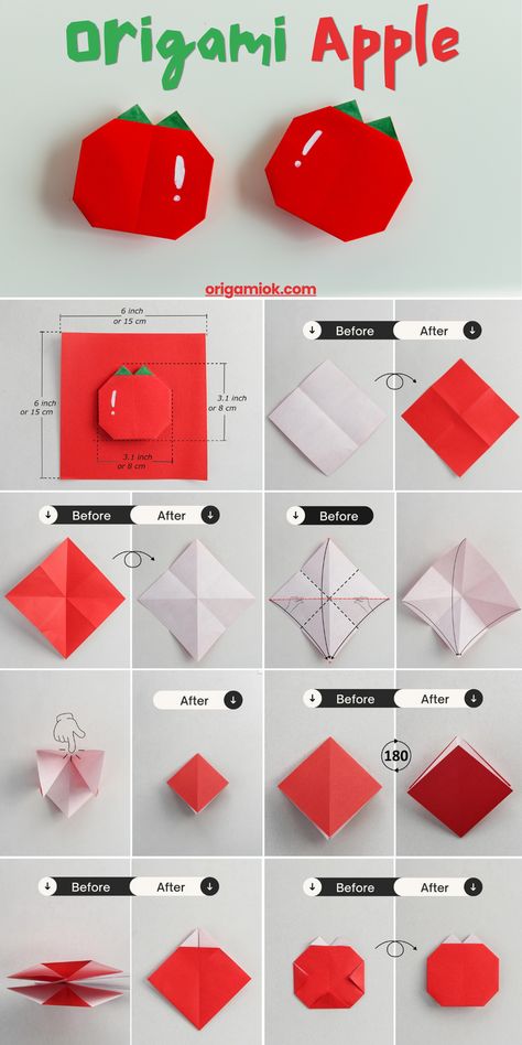 This is a kid friendly origami apple which can be finished within 10 steps. If you need to find some craft ideas for your children’s craft work, this is the ideal project to try. Fruit Origami, Origami Ideas Step By Step, Origami Apple, Kids Vegetables, Creative Origami, S Craft, Origami Patterns, Pinterest Diy Crafts, Easy Origami