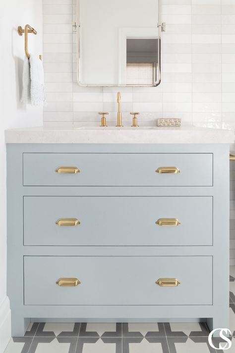 BATHROOMS - Christopher Scott Cabinetry 3 Drawer Vanity Bathroom, Single Vanity Ideas Bathroom, Bathroom Vanities With Drawers, Bathroom Vanity Ideas Single Sink, 3 Drawer Bathroom Vanity, Bertch Bathroom Vanities, Powder Blue Vanity, Bathroom Vanity With Seating, Pottery Barn Vanity Bathroom