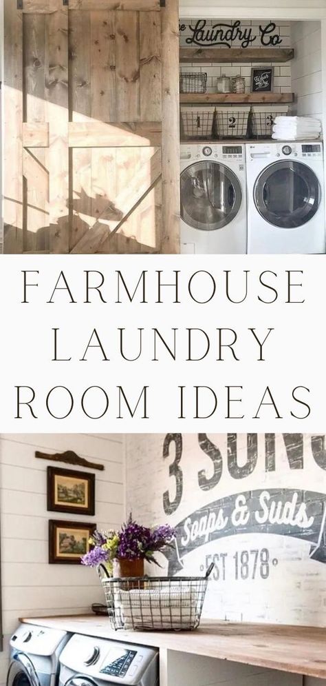 10 of the best, beautiful and clever farmhouse laundry room designs that will inspire you. These DIY inspired washroom decorations work well for small or large spaces. With vintage, modern, rustic, fixer upper, country, and shabby chic vibes there is a little for everyone. Fun signs, shelves for organization, ideas and more. So grab some paint, clothespins, tile and your tools to transform your laundry. And be inspired with a dutch and barn door too. Vintage laundry room ideas. Laundry Signs Diy, Farmhouse Laundry Room Ideas, Modern Farmhouse Laundry Room, Laundry Room Designs, Vintage Laundry Room Decor, Laundry Room Paint, Country Laundry Rooms, Laundry Room Colors, Laundry Shelves