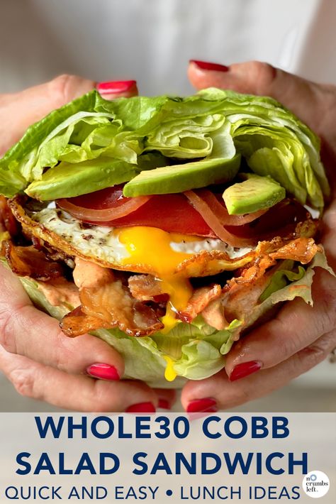 With oven bacon, fried eggs, and yummy sauce, this dish is delicious and packed with so much goodness for the perfect Whole30 cobb sandwich! #nocrumbsleft #whole30sandwich #whole30recipes #whole30cobb Whole 30 Sandwich, Whole 30 Sandwich Ideas, Cobb Sandwich, No Crumbs Left, Oven Bacon, Ww Lunch, Paleo Ideas, Whole30 Breakfast, Whole30 Dinner