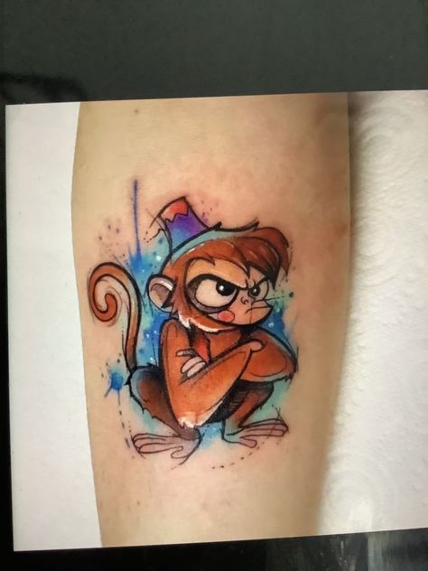 Aladdin Tattoo, Disney Watercolor Tattoo, Yarn Tattoo, Disney Inspired Tattoos, Disney Sleeve Tattoos, Monkey Tattoo, Tattoo Disney, Aladdin Disney, Disney Sleeve