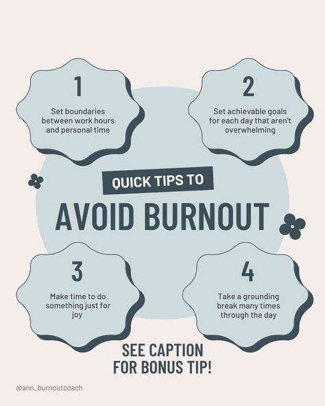 Infographic containing 4 tips to avoid burnout Symptoms Of Burnout, Burnout At Work, Ways To Avoid Burnout, Burnout Prevention, Avoid Burnout At Work, Smokey The Bear, Prevent Burnout, Achievable Goals, Online Counseling