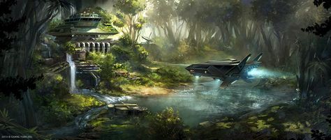 Secret Base, Hidden Forest, Sci Fi Landscape, Alien Ship, Hidden Places, Samsung Galaxy Wallpaper, Star Wars Ships, Fantasy Places, Game Concept Art