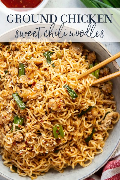 Ground Chicken And Pineapple, Ground Chicken Noodles, Ground Chicken Rice Recipes, Ground Chicken Meal Ideas, Spicy Chicken Ramen Noodle Recipes, Asian Ground Chicken Recipes, Dinner With Ground Chicken, Ground Chicken Crockpot Recipes, Ground Chicken Meals