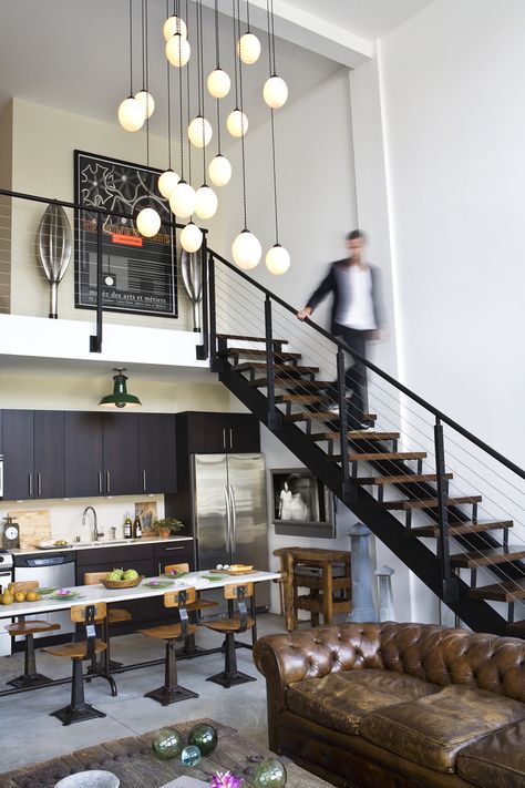 Design Inspiration: Industrial loft                                                                                                                                                     More Industrial Loft Lighting, Masculine Loft, Office Loft, Loft Kitchen Design, Warehouse Kitchen, Loft Layout, Loft Apartment Decorating, Loft Stairs, Loft Kitchen