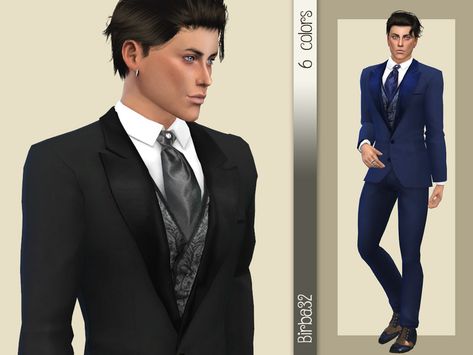 A very special suit for a unique occasion. Your Groom will be the more fashion groom of ever. New mesh by me, comes in 6 colors all on blue and black tones. Base game compatible. Found in TSR... Male Formal Outfits, Sims 4 Formal Cc, Sims 4 Formal, Marriage Clothes, Mod Suits, Black And White Wedding Theme, Wedding Tux, Royal Blue Suit, Suit Pin