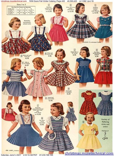 1956 Sears Fall Winter Catalog, Page 402 - Christmas Catalogs & Holiday Wishbooks 1960s Childrens Fashion, 1950s Kids Fashion, Starry Clothes, 1950s Girl, Kids Catalogs, Transgender Outfits, Vintage Girls Clothes, Vintage Childrens Clothing, Sears Catalog