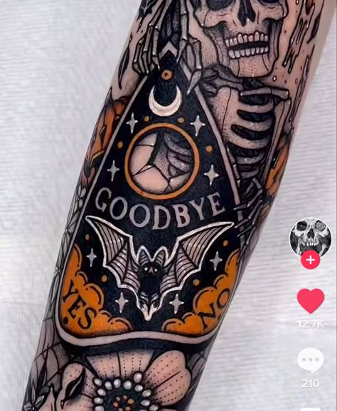 Horror Themed Leg Sleeve Tattoo, Halloween Arm Sleeve Tattoo, Halloween Town Tattoo Ideas, Halloween Planchette Tattoo, Spooky Half Sleeve Tattoo, Halloween Elbow Tattoo, Halloween Half Sleeve Tattoo, Feminine Halloween Tattoos, Horror Sleeve Tattoos For Women