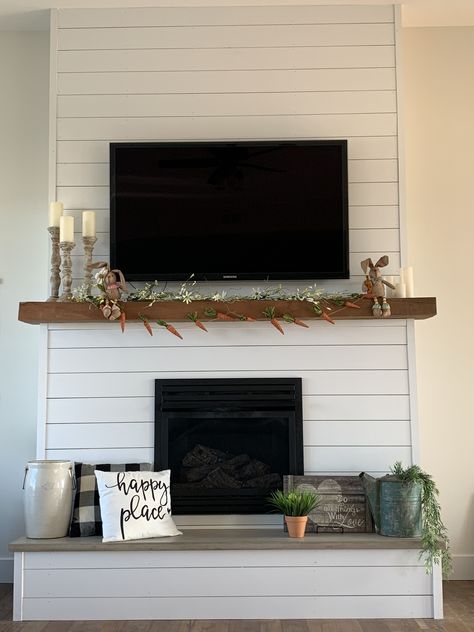 Diy Shiplap Fireplace Wall Living Room, Faux Brick And Shiplap Fireplace, Fire Places Ideas Shiplap, Modern Farmhouse Fireplace Mantel Shiplap, Small Shiplap Fireplace, Faux Fireplace With Bench, Mantel On Shiplap Wall, How To Build A Shiplap Fireplace Wall, Simple Corner Fireplace Ideas