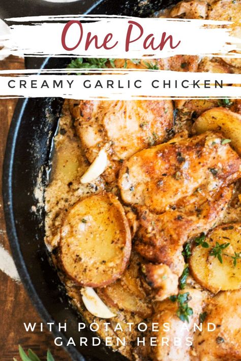 Quick and easy One Pan Creamy Garlic Chicken with Potatoes is taken from plain to phenomenal with brown butter caramelized chicken breasts (or thighs if that's your preference) and charred potatoes. It is the quintessential hearty one skillet winter meal which makes the perfect cold weather comfort food for the whole family. #dinner #chickendinner #skillet #onepot #potatoes Garlic Chicken With Potatoes, Dutch Oven Chicken Thighs, Dutch Oven Chicken Breast, Caramelized Chicken, Dutch Oven Chicken, Chicken With Potatoes, Cold Weather Comfort Food, Oven Chicken Recipes, Chicken Skillet