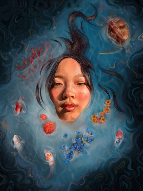 Face Floating In Water, Face In Water Painting, Ocean Awareness Art, Face In Water Drawing, Head Above Water Drawing, Water Art Reference, Water Pollution Painting, Water Pollution Art, From Above Reference