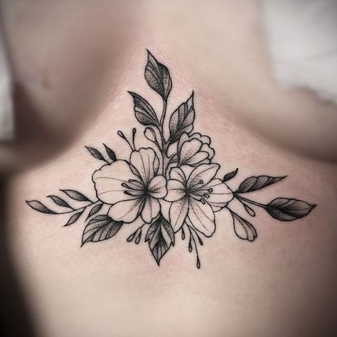 Delicate flower sternum piece by the homie Fhon Sternum Lily Tattoo, Tattoo Ideas Sternum Simple, Flower Tattoos Sternum, Upper Sleeve Tattoo Women Unique, Floral Tattoo Sternum, Sternum Flower Tattoo Women, Peonies Chest Tattoo, Underbreast Tattoo Floral, Peony Sternum Tattoo