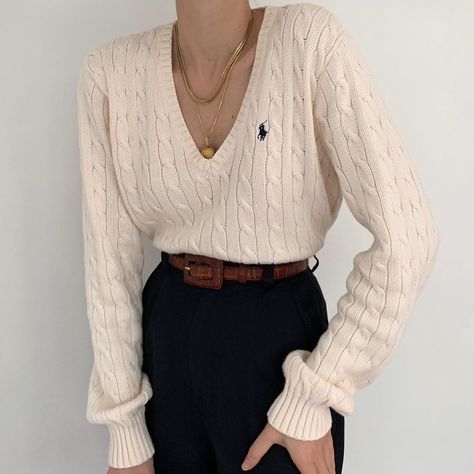 Rocker Chic Outfit, Cable Knit Sweater Outfit, V Neck Blouses, Cream Cable Knit Sweater, High Collar Blouse, Lace Long Sleeve Shirt, Navy Logo, Solid Color Sweater, Black Knit Sweater