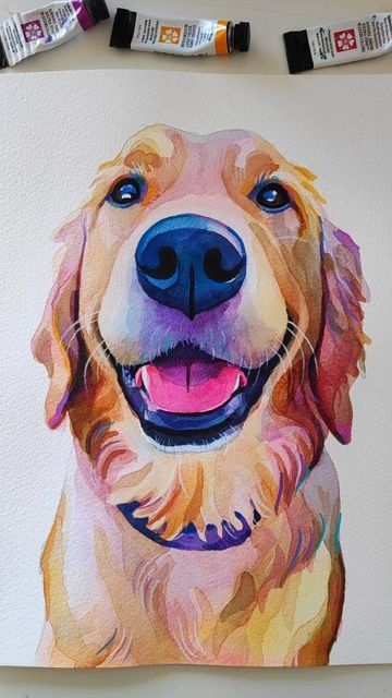 Paintings Of Golden Retrievers, Watercolour Golden Retriever, Procreate Pet Portrait Tutorial, Golden Retriever Watercolor Painting, Watercolor Dogs Easy, Kawai Drawing, Painting Golden Retriever, Watercolor Pets, Golden Retriever Drawing