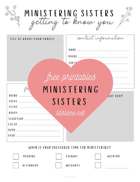 Ministering Get To Know You Free, Ministering Sisters Handouts, Ministering Interview Activity Ideas, Free Ministering Printables, Ministering Get To Know You, Relief Society Binder Printables Free, Ministering Sister Ideas 2023, Ministering Questionnaire, Ministering Activities