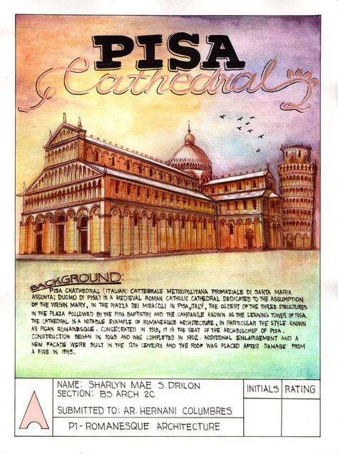 Pisa Cathedral Sketch, Pisa Cathedral Drawing, History Of Architecture Plates, Architecture Plates, Kalimba Notes, Pisa Cathedral, Architecture Journal, History Poster, School Newspaper