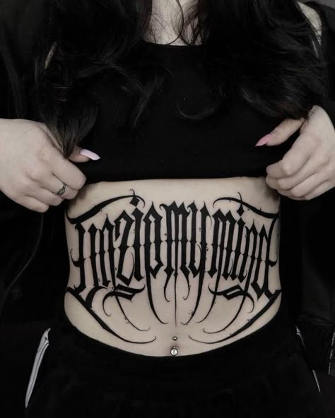 Dark Calligraphy Tattoo, Dark Calligraphy, Tattoo Word Fonts, Tattoo Letters, Tattoos On Side Ribs, Tattoo Design For Hand, Stomach Tattoos Women, Stomach Tattoo, Calligraphy Tattoo