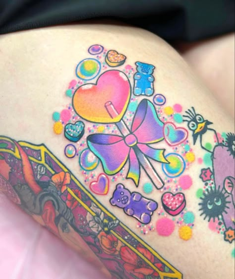 Colorful Flash Tattoo, Sprinkle Tattoo, Blues Clues Tattoo, Kawaii Food Tattoo, Spongebob Jellyfish Tattoo, Cute Pastel Tattoo, Sweets Tattoo Ideas, Kawaii Leg Tattoo, Cotton Candy Tattoo