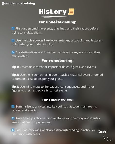 This is my process of learning, understanding and reviewing math, biology, history and English. Hopefully some of these tips can help you! Which subjects do you want in the next part? Follow @academicstudying for more 💫 #studytips #studygram #studyhacks #study History Learning Tips, Social Studies Study Tips, Study Methods For History, How To Study For History Exam, Literature Study Tips, History Tips Studying, How To Study For History Test, How To Study For Ap World History, Study Tips History