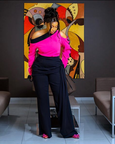 Two piece Pink top and black pants with unique design Two Piece Pant Set Classy, Classy Two Piece Outfit, Two Piece Outfits Pants High Waist, Outfit Inspo Church, 2 Piece Outfit Set Pants, Two Piece Outfits Pants, Plaid Jumpsuit, 2piece Outfits, Work Fits