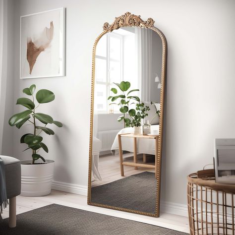 Crystal Art Gallery 32" x 72" Gold Filigree Arch Full Length Floor Leaner Decor Mirror - Walmart.com Gold Mirror Wall Decor, Full Length Mirror Vintage, Mirror Living Room Decor, Gold Full Length Mirror, Oversize Mirror, Tall Mirrors, Mirror Wood Frame, Gold Arch Mirror, Salon Goals